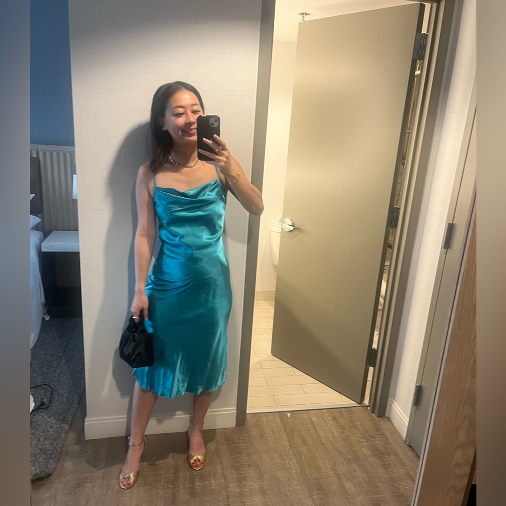 Bebe teal/jade satin slip dress